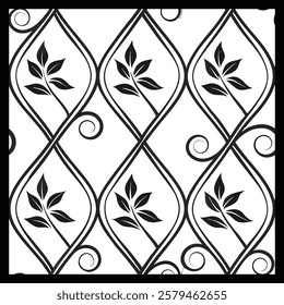 Intricate Black and  White Floral Vector | Ornamental Swirl and Geometric Tile Pattern for Modern Textile, Wallpaper, Fashion, Branding, Home Decor and  Digital Art | Seamless Elegant Design
