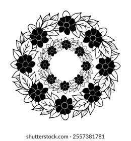 an intricate black and white floral wreath with ,silhouette vector art illustration