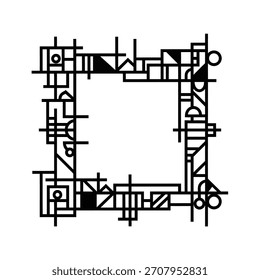 Intricate black and white geometric border design featuring squares, triangles, circles, and lines, creating a modern and abstract frame.