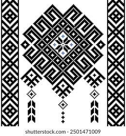 An intricate black and white geometric pattern with a symmetrical design, featuring complex motifs and zigzag borders. The pixelated style adds a modern touch to the traditional aesthetic