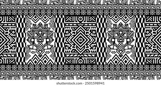 Intricate black and white geometric pattern with tribal and ancient motifs. Seamless vector design for textiles or wallpaper.