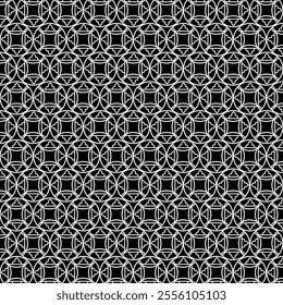 Intricate black and white geometric pattern featuring interconnected shapes with circular motifs, creating a seamless and bold design