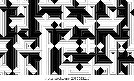 Intricate black and white geometric pattern resembling a maze with nested lines and optical illusion effect