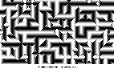 Intricate black and white geometric pattern resembling a maze with nested lines and optical illusion effect