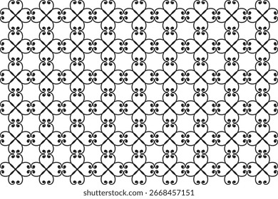 Intricate black and white geometric pattern with repeating floral and lattice elements, creating a complex and decorative background.