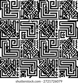 Kompliziertes schwarz-weißes geometrisches Muster mit Labyrinth-ähnlichen Designs und abstrakten Formen