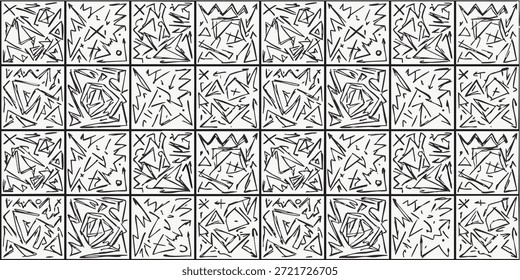 Kompliziertes geometrisches Schwarz-Weiß-Muster mit sich wiederholenden Blumenmustern, von oben gesehen