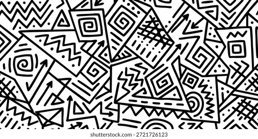 Intrincados patrones geométricos en blanco y negro superpuestos en un diseño complejo visto directamente desde arriba en una ilustración gráfica