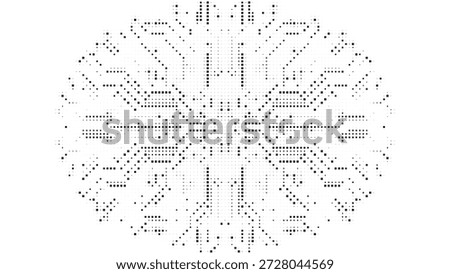Intricate Black and White Halftone Circuit Board Mandala with Symmetrical Digital Pathways for Engineering and Science Concepts Vector Illustration