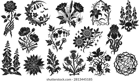 Intricate black and white Halloween vector bundle featuring floral arrangements, skulls, spiderwebs, bones, and spooky botanical illustrations for designs.
