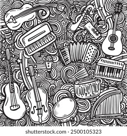 Intricate black and white hand drawn doodle pattern featuring various musical instruments, including guitar, piano, accordion, and more
