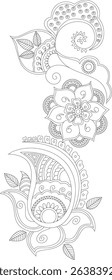 Intricate Black and White Henna Design Element, A detailed line art illustration featuring traditional Indian and Middle Eastern henna motifs, including floral patterns, paisley shapes, swirls, and
