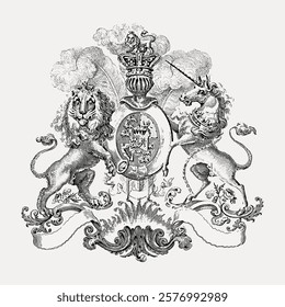 Intricate black and white heraldic design featuring a lion and unicorn. The lion and unicorn flank a crowned shield, showcasing detailed heraldic art. Vintage illustration isolated on white, vector.