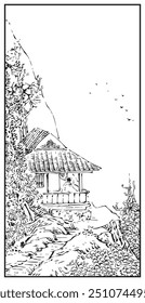 An intricate black and white illustration depicts a serene mountainside scene featuring a small house with a thatched roof perched on the edge of a cliff amidst lush foliage.