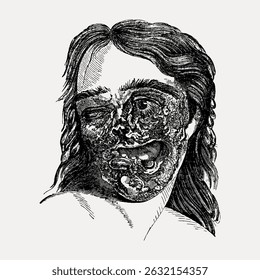 Intricate black and white illustration of a face with surreal, distorted features. The artistic style emphasizes texture and abstract elements. Vintage character art illustration vector.