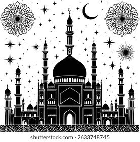 Intricate black and white illustration of a majestic mosque with minarets, a crescent moon, stars, and decorative mandala patterns. Ideal for Islamic themes, Ramadan, Eid designs, and cultural art.