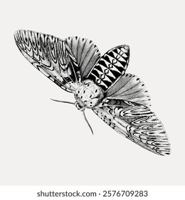 Intricate black and white illustration of a moth with detailed wings. Moth design highlights patterns, showcasing moth wings and moth anatomy in artistic style. Vintage animal illustration, vector.