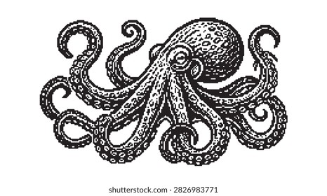 An intricate black and white illustration of an octopus, showcasing its detailed body and numerous tentacles, rendered in a classic engraving style.