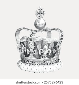 Intricate black and white illustration of a royal crown. The crown features detailed designs, ornate patterns, and regal elements, symbolizing royalty and power. Vintage style vector element.