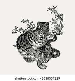 Intricate black and white illustration of a tiger with detailed stripes, surrounded by bamboo. The tiger's pose is dynamic, emphasizing its majestic nature. Vintage animal illustration vector.