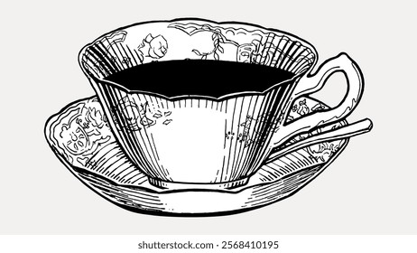 Intricate black and white illustration of a vintage teacup and saucer. The teacup features ornate patterns, and the saucer complements the teacup's design. Vintage art, isolated vector element.