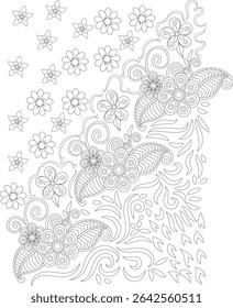 Intricate Black and White Indian Floral Doodle, Detailed black and white line art illustration of an intricate Indian-inspired floral and leaf pattern. Features hand-drawn doodle style elements like
