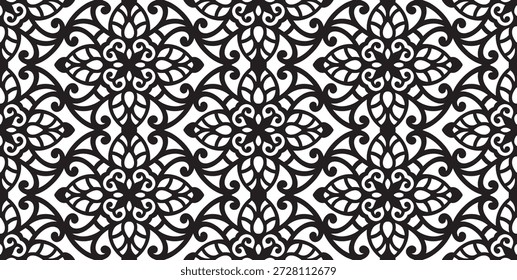 Intricate black and white jali pattern with floral motifs