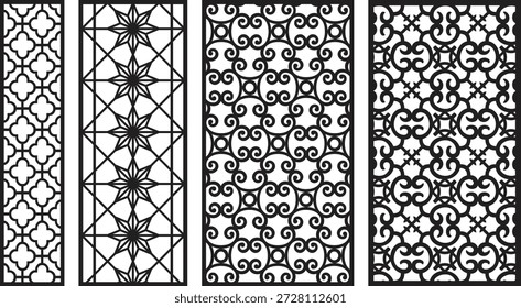 Intricate black and white jali patterns with floral and geometric