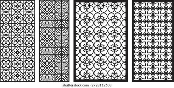 Intricate black and white jali patterns with geometric and floral motifs