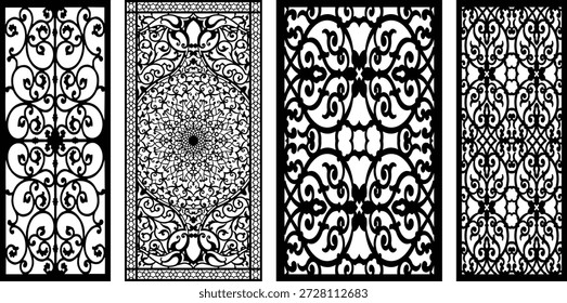 Intricate black and white jali patterns with symmetrical