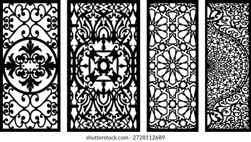 Intricate black and white jali patterns with geometric and floral