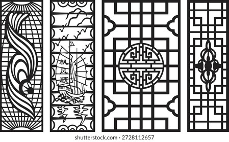 Intricate black and white jali window patterns with geometric and floral