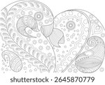 Intricate black and white line art illustration of stylized love birds adorned with detailed abstract patterns including paisley, flowers, and stars, perfect for coloring or decorative design.