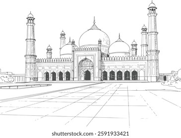 Intricate black and white line art illustration of the historic Badshahi Mosque in Lahore, Pakistan, showcasing Mughal architecture with detailed domes, minarets, and grand entrance in a symmetrical