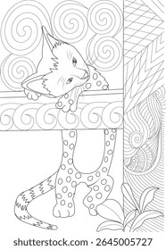 Intricate Black and White Line Art: Lazy Spotted Animal Hanging Upside Down. Detailed Swirls, Geometric, and Abstract Patterns Ideal for Adult Coloring, Print, Design Projects