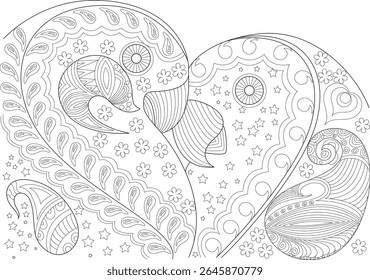 Intricate black and white line art illustration of stylized love birds adorned with detailed abstract patterns including paisley, flowers, and stars, perfect for coloring or decorative design.