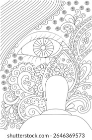 Intricate black and white line art featuring a stylized eye with a mandala-like pupil, surrounded by organic floral and paisley patterns, ideal for coloring books and meditation themes.
