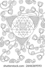 Intricate black and white line art illustration of a spiritual eye symbol within a geometric mandala, surrounded by elegant floral patterns. Ideal for meditation, mindfulness, and creative coloring.