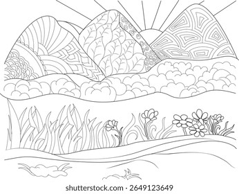 Intrincada arte de linha preta e branca de uma paisagem tranquila montanhosa com picos estilizados, nuvens fofas, um sol radiante, grama exuberante e flores desabrochando, ideal para coloração e relaxamento da atenção plena.
