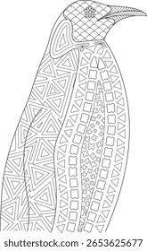 Intricate black and white line art illustration of a penguin adorned with complex abstract geometric and organic patterns, perfect for adult coloring books, mindfulness, and creative projects.