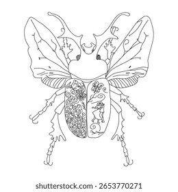 Ilustração em preto e branco de um besouro decorativo com detalhes ornamentais inspirados na fantasia, combinando elementos da natureza, mitologia e folclore