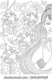 Intricate black and white line drawing of a serene meditating figure amidst elegant lotus blooms, evoking tranquility and spiritual calm.