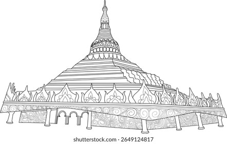 Um intrincado desenho em linha preta e branca do icônico Pagode Global Vipassana, um símbolo de paz e tranquilidade espiritual.