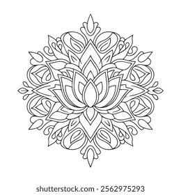 Intricate Black and White Lotus Flower Drawing with Leaves and Floral Details for floral mandala. Geometric ornamental mandalas