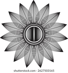 Intricate Black and White Mandala with Abstract Petals and Eye Like Center Design
