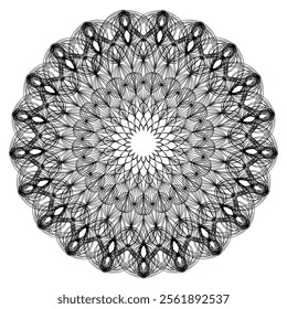 Intricate black and white mandala with delicate, interconnected line patterns creating a mesmerizing geometric design. This symmetrical artwork is perfect for meditation, coloring books, wall art.