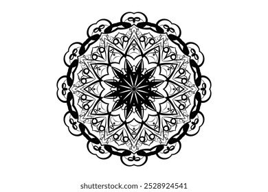 Design de mandala preto e branco intrincado em um fundo branco limpo, destacando simetria e elegância artística