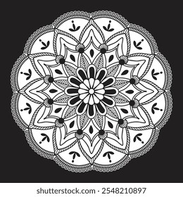 Intricate Black and White Mandala Design with Symmetrical Floral and Geometric Patterns