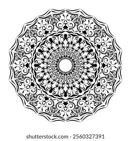 Intricate black and white mandala design featuring delicate swirls, floral accents, and geometric details. This symmetrical artwork is ideal for coloring pages, mindfulness projects, tattoo designs