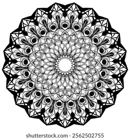 An intricate black and white mandala design with symmetrical floral and geometric patterns. This detailed artwork is perfect for creative projects, mindfulness activities, digital decorations, 